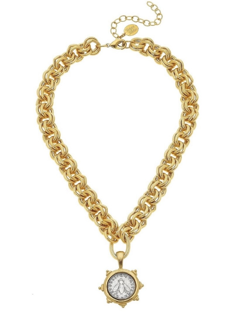 NWT Authentic Susan Shaw Florence Bee Gold Two Tone Coin Necklace mixed metal